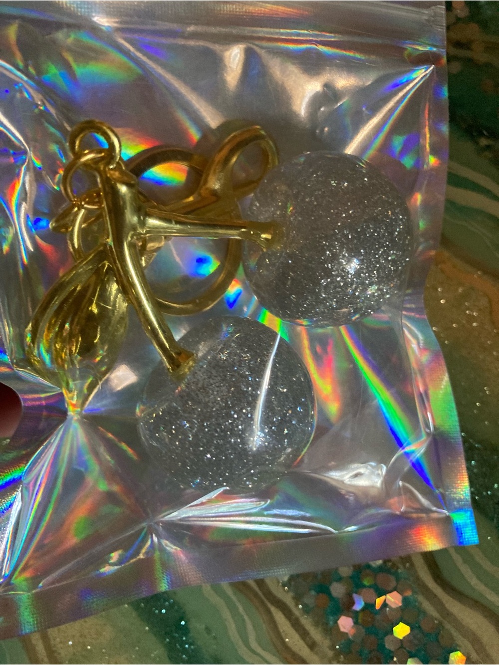Source Unknown  Silver Glitter cherry bag charm